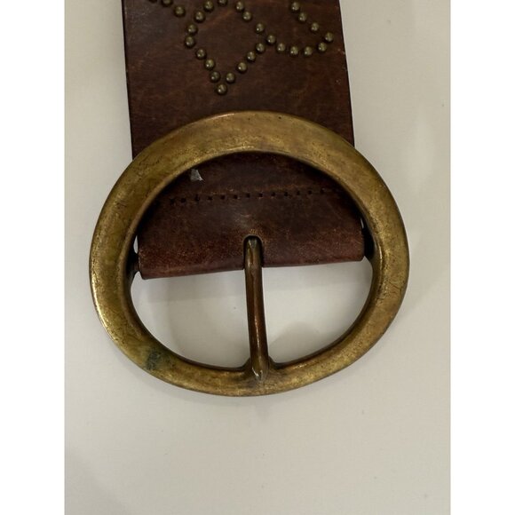 Leather Belt M Brown Floral Boho Studded 2.5" wide Tooled Leather Brass Buckle - Picture 4 of 16